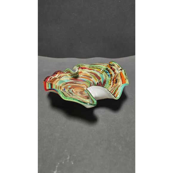 Murano Style Art Glass Bowl Dish Multicolor Swirl Ruffled Edge Centerpiece - Picture 5 of 9